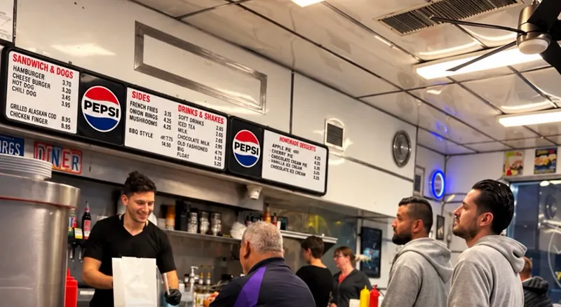 7:00 AM. Morning at the Better Burgers counter: a cook hands a takeout bag across the counter while customers wait under the menu boards.