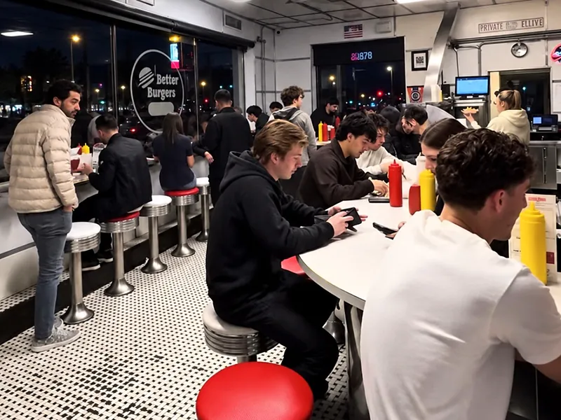 11:45 PM. A full dining room late at night: groups at the counter and tables, red stools, the street dark outside.